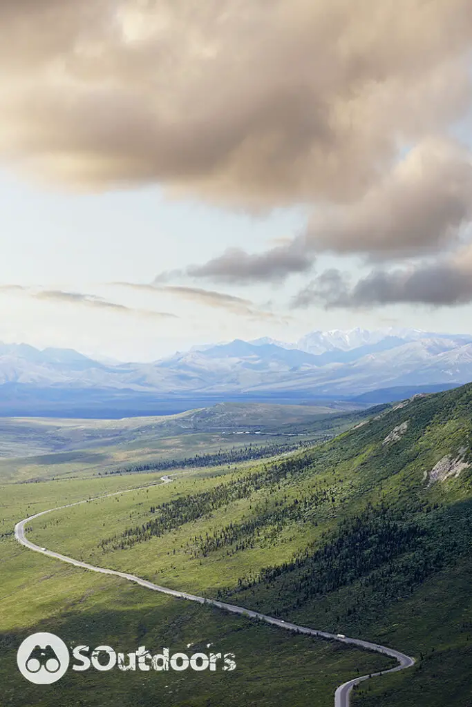 Denali National Park, Alaska, USA view of distant highway and mountains
