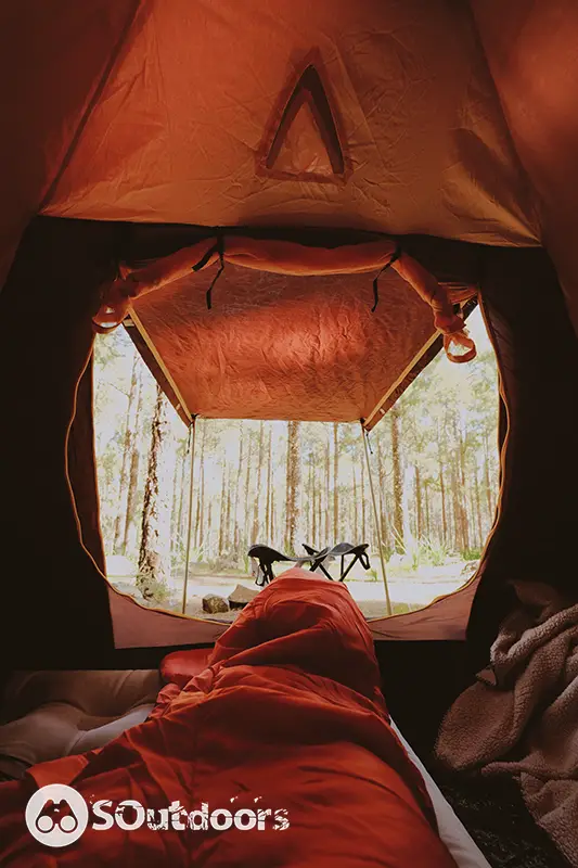 A person looking outside from an inside view of his tent