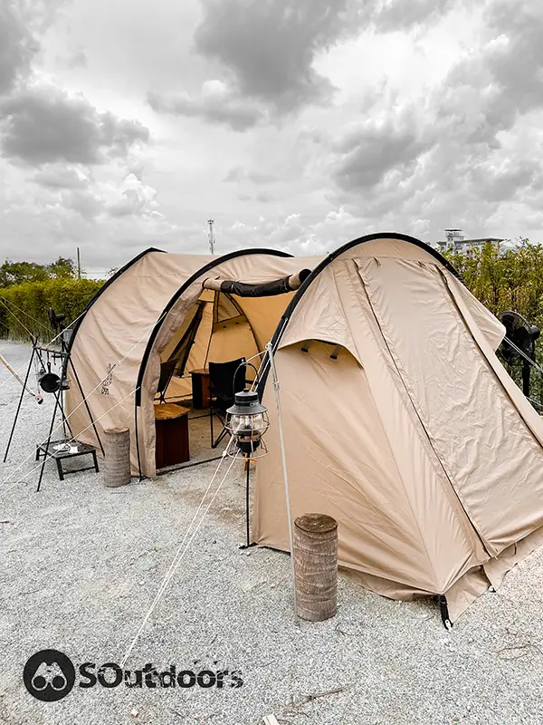 Brown colored 6-person tent fully set-up