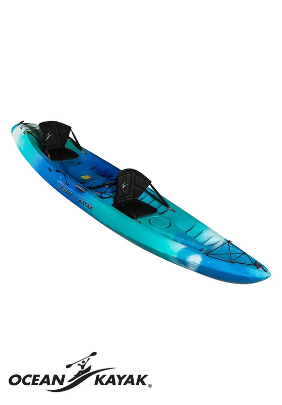Ocean brand kayak that has a beautiful color combination of light blue and aqua color