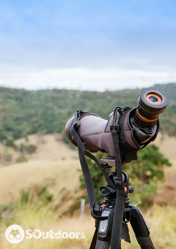 Spotting scope on a tripod used for hunting