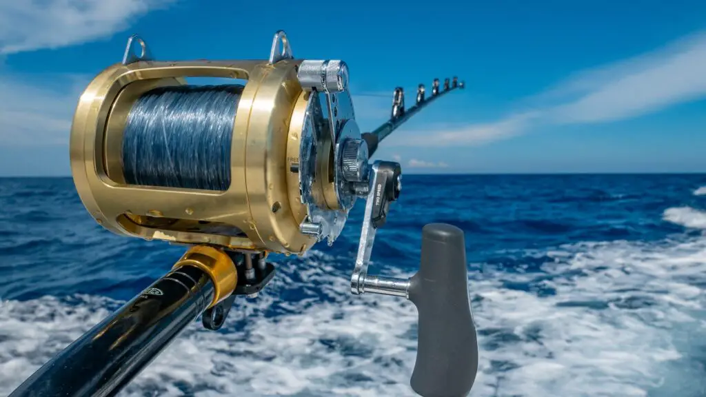 Fishing rod with an offshore reel mounted on a boat