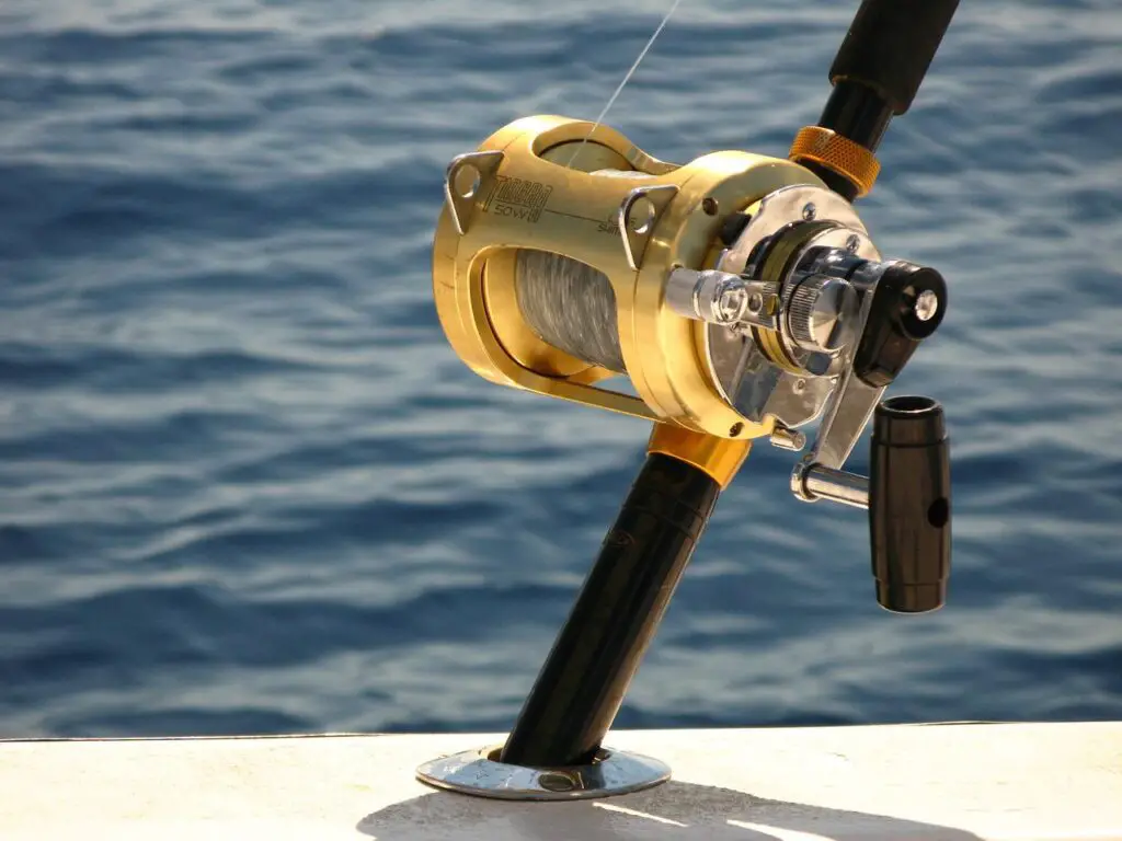 A fishing rod mounted on a stable surface