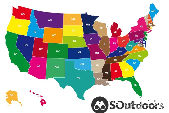 Detail color map of USA with name of states.