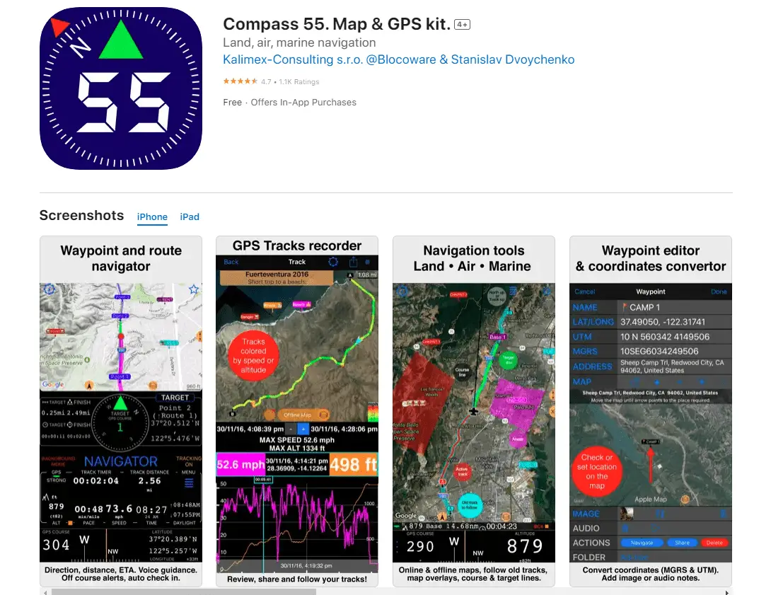 Compass 55 app info page with working demonstration on maps