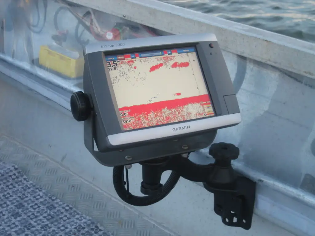Display of a fish finder mounted on the RAM swing arm mount