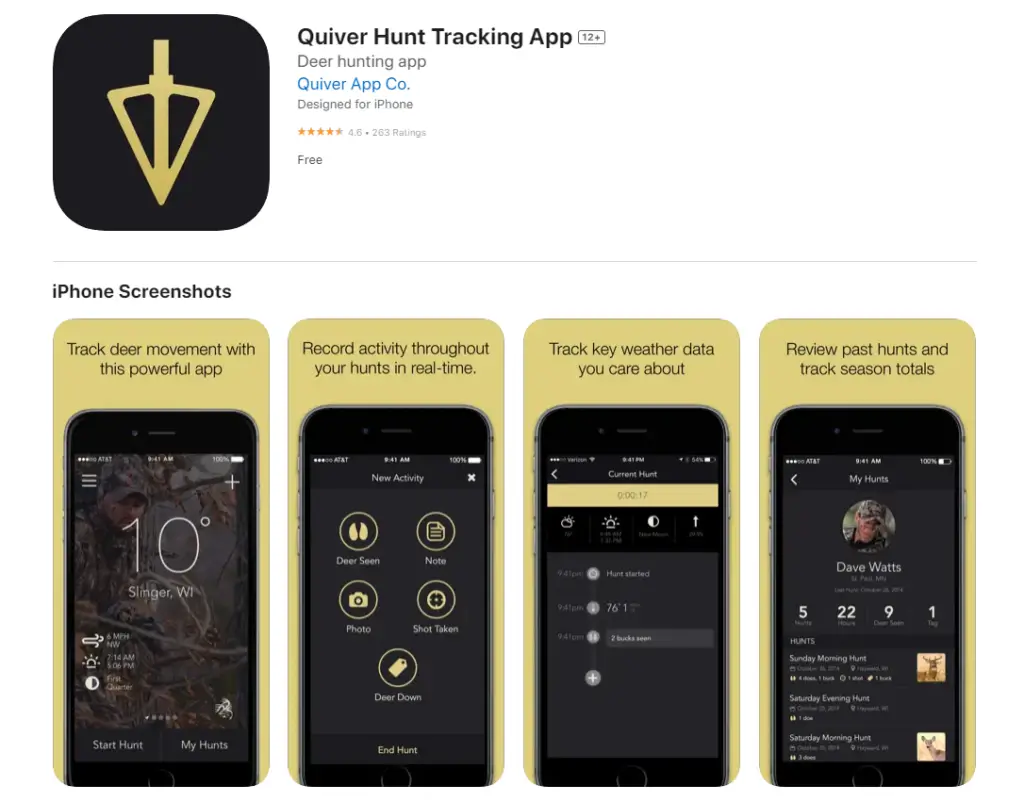 Quiver hunt tracking app download page with information about the app